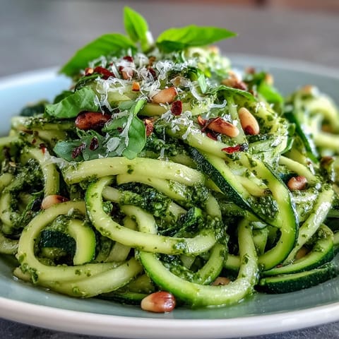 Bright green zucchini noodles with homemade basil pesto, topped with grated Parmesan and fresh basil leaves.