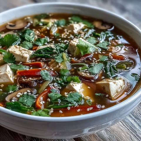 Tofu and Vegetable Soup garnished with cilantro and sesame seeds, steaming in a white bowl.