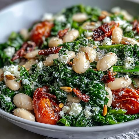 Hearty white bean and kale salad glistening with lemon-garlic dressing, ready to serve.