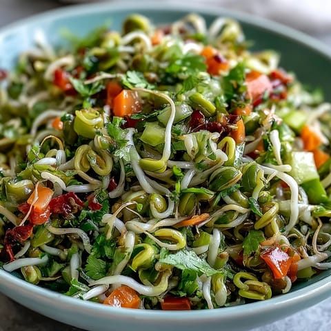 Healthy, no-cook Sprouted Seed Salad served as a light vegan side, featuring bright lemon-olive oil dressing and fresh cilantro.