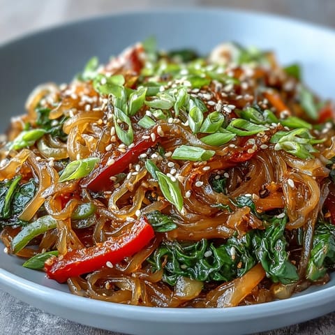 Serving of kelp noodle stir-fry with snap peas, red bell pepper, and sesame seeds.  