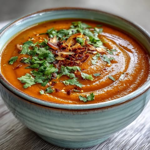 A close-up of velvety Carrot and Coconut Soup in a white bowl, topped with fresh herbs and a lime wedge.