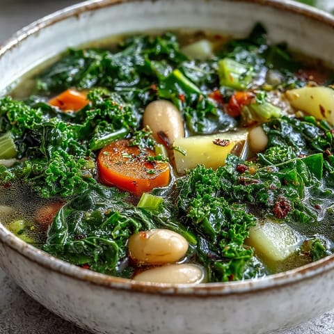 Hearty Kale Soup simmered with root vegetables and white beans, garnished with fresh thyme and a lemon wedge for brightness.