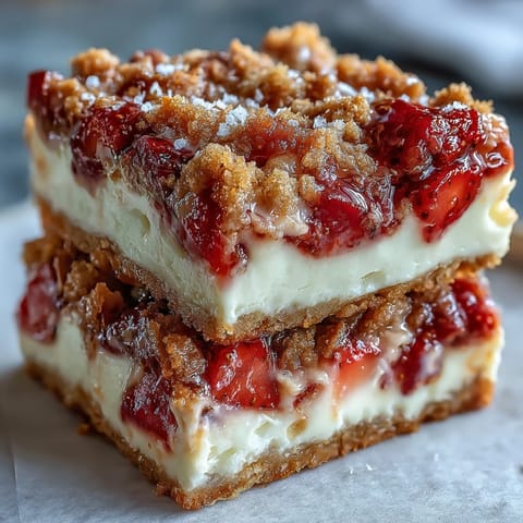 Creamy Strawberry Cheesecake Bars cut into squares, revealing a luscious cheesecake layer and fresh berry topping.