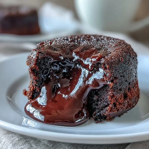 Chocolate Lava Cakes with Espresso rest on a white plate with a dusting of cocoa powder and steam rising from the molten center.