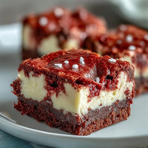 Sliced Red Velvet Cheesecake Brownies on a white plate reveal rich cocoa fudge texture and decadent cheesecake ribbons. 