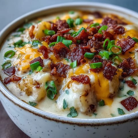Hearty loaded potato soup served in a rustic bowl, garnished with bacon and melted cheddar cheese.