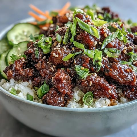 Ground beef coated in a glossy, spicy gochujang sauce fills the serving bowl with aroma.