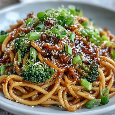 Steaming Asian Teriyaki Noodle Bowl in a ceramic bowl, garnished with fresh green onions and chopsticks ready for a quick weeknight dinner.