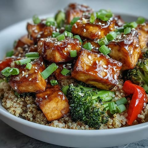 A close-up view shows a wholesome Quinoa Vegetable Teriyaki Bowl garnished with sesame seeds and fresh green onions, ready to be enjoyed with chopsticks or a fork.