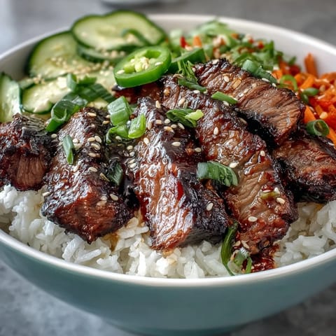 Freshly seared sesame-ginger beef rests over fluffy white rice in this Korean Beef Power Bowl, garnished with vibrant pickled carrots and crisp cucumber slices.