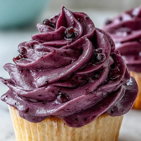 Tangy-sweet Black Currant Frosting swirls generously over a moist vanilla cupcake with a fresh black currant garnish.