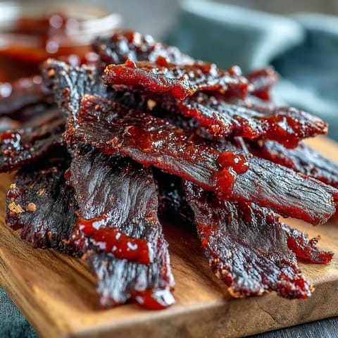 Smoky Black Currant Jerky strips glisten with tangy barbecue glaze and cherry wood smoke.