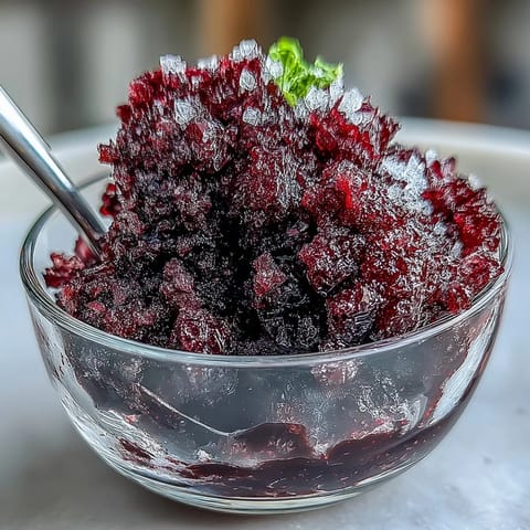 A fork fluffing the icy texture of homemade black currant granita in a metal pan.