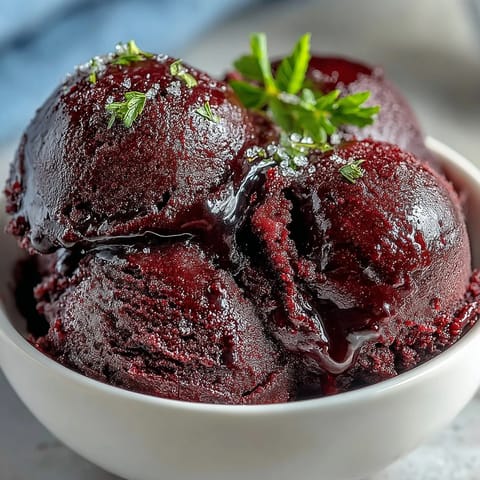 A scoop of deep purple Black Currant Sorbet sits in a glass bowl, garnished with fresh berries and a lemon slice.