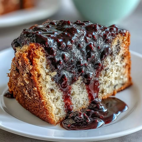 A close-up of moist PB and J Cake with Black Currant Sauce, a shiny purple syrup drizzling down the slice.