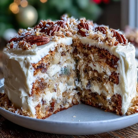 A slice of moist Christmas Hawaiian Carrot Pineapple Cake on a white plate with cream cheese frosting and toasted coconut flakes, ready for a festive holiday gathering.  