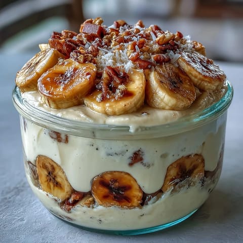 A spoon scoops into a chilled Protein Banana Pudding, revealing smooth Greek yogurt and protein-rich layers.