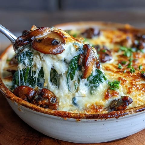 Freshly baked Chicken Spinach & Mushroom Low Carb Oven Dish with golden bubbly cheese, spinach, and mushrooms in a white ceramic casserole dish.