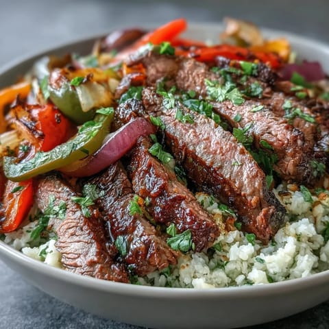 A close-up view shows tender steak and colorful veggies in a low-carb Steak Fajita Bowl garnished with fresh avocado and cilantro.