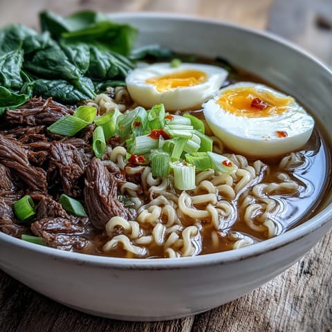 Close-up of slow cooker beef ramen noodles with tender beef, wilted spinach, and a rich aromatic broth for comfort food.