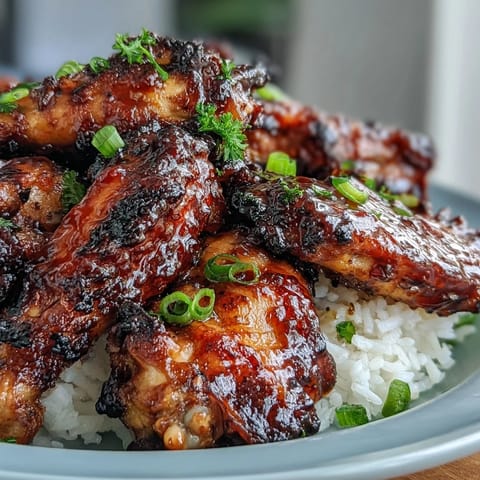Oven-Baked Honey Garlic Chicken Wings rest on fluffy rice, glazed in sticky sauce and topped with fresh parsley and green onions.