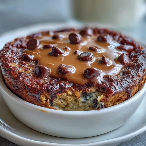 Gooey baked Peanut Butter Cup Protein Pancake Bowl served with sliced bananas and chopped peanuts for extra crunch.