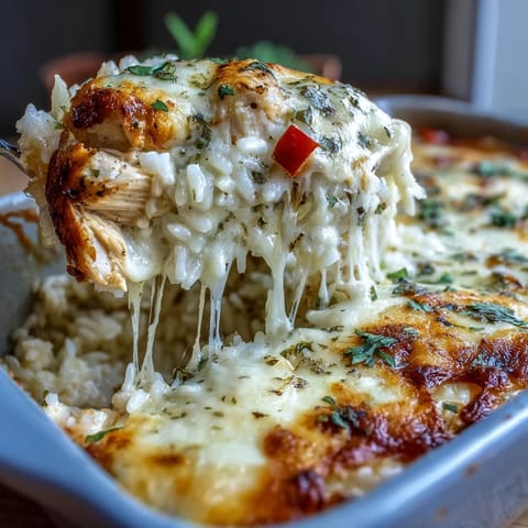 Cheesy Creamy Garlic Chicken & Rice Casserole with fresh parsley garnish and spoon.