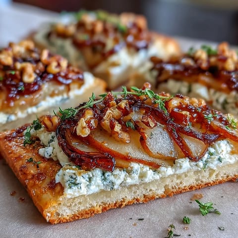 Golden-brown flatbread topped with creamy goat cheese, juicy sliced pears, and caramelized onions drizzled with spicy hot honey.