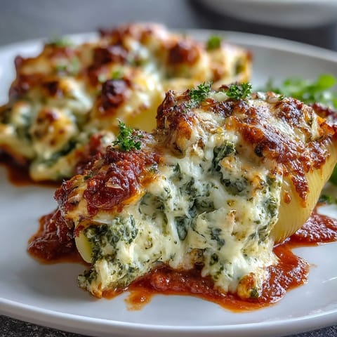 A close-up of golden Pesto Lasagna Stuffed Shells bubbling in marinara sauce, paired with a green salad and a glass of white wine for dinner.