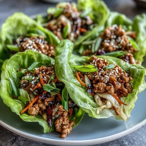 Hearty Turkey Potsticker Stir-Fry Lettuce Wraps, topped with toasted sesame seeds, are ready to be eaten by hand. 
