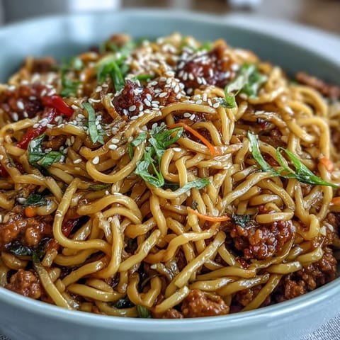 A close-up of Korean Turkey Fried Noodles garnished with toasted sesame seeds, ready to serve as a savory weeknight dinner.