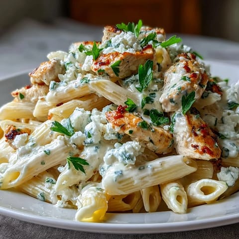 A close-up of creamy lemon feta chicken pasta twirled on a fork, garnished with fresh parsley and lemon zest.