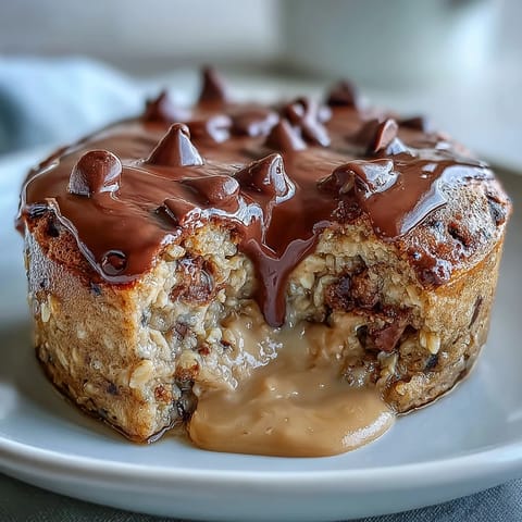 Freshly baked Peanut Butter Cup Protein Pancake Bowl served warm with a rich drizzle of melted peanut butter and melty chocolate chips. 