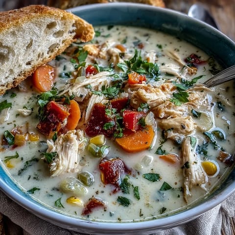 Hearty Ranch Chicken Veggie Soup ladled into a white bowl, garnished with fresh parsley and chives.
