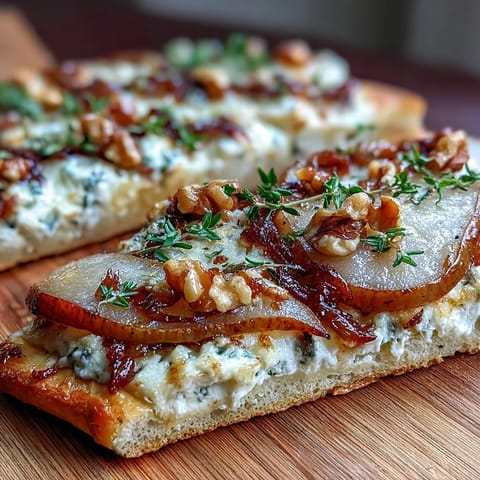 Warm Goat Cheese & Pear Flatbread drizzled with hot honey, finished with fresh thyme and served as an elegant appetizer.