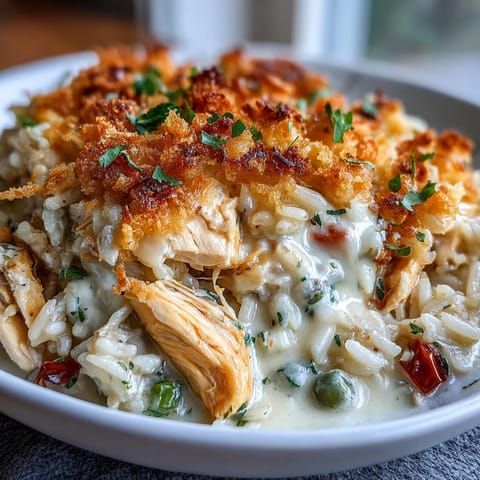 Fresh parsley garnishes this comforting Creamy Garlic Chicken & Rice Casserole beside a simple green salad.