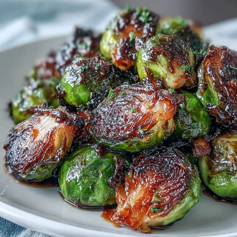 A vibrant platter of crispy roasted Brussels sprouts glazed in sweet orange maple sauce, perfect for holiday gatherings.  