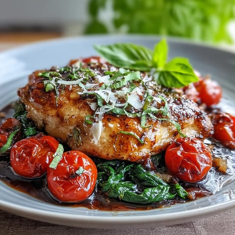 Tender chicken breasts simmered with sweet tomatoes, baby spinach, and balsamic sauce in a single skillet.  