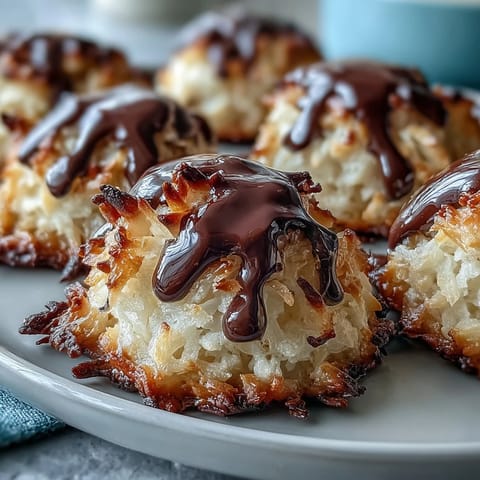 Delightful vegan coconut macaroons, drizzled with smooth dark chocolate and packed with tropical shredded coconut for a sweet treat.  