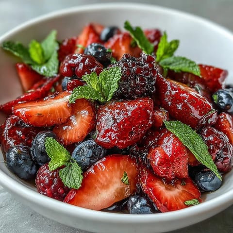 Fresh summer berry salad with mint and honey, bursting with ripe strawberries, blueberries, and raspberries, lightly dressed and garnished with fresh mint.