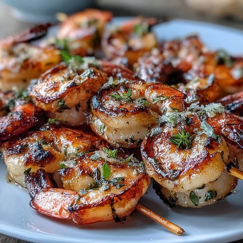 Light and zesty shrimp skewers marinated in lemon and herbs, grilled to tender perfection.  