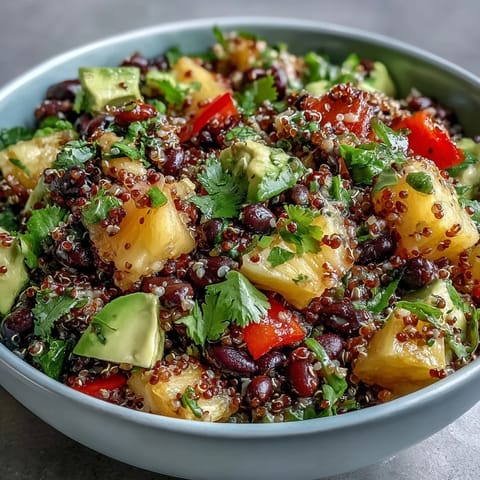 Bright and refreshing tropical quinoa salad featuring sweet pineapple, hearty black beans, and creamy avocado, perfect for a healthy lunch.