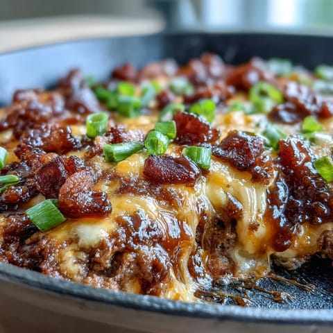 Keto BBQ Bacon Cheeseburger Skillet sizzling with melted cheddar and crispy bacon crumbles in a cast iron pan.  