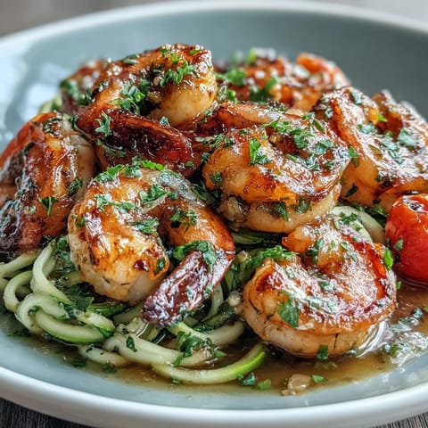 2. Light and flavorful Skinny Shrimp Scampi served over zucchini noodles, with juicy shrimp, cherry tomatoes, and a sprinkle of Parmesan cheese.