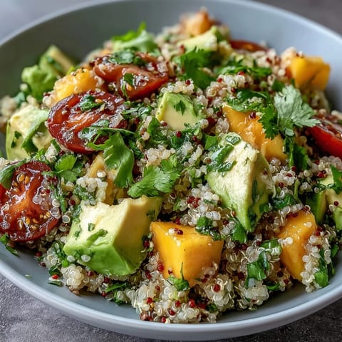 A colorful tropical mango avocado quinoa salad with zesty lime dressing, perfect for healthy summer lunches.  