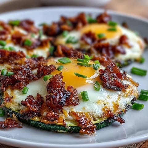 Fluffy baked eggs rest atop smoky bacon crumbles inside savory zucchini nests, garnished with fresh chives for a keto-friendly morning treat.  
