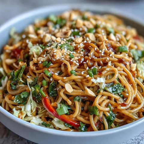 A colorful vegan soba noodle salad with crunchy red and green cabbage, carrot, and bell pepper, all tossed in a spicy peanut dressing.  