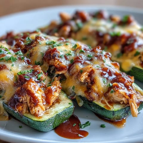 A tray of tender zucchini boats stuffed with juicy BBQ chicken and melted cheddar, perfect for a light dinner.