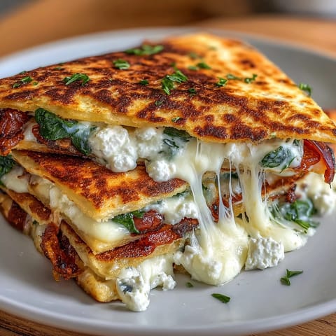 Crispy Mediterranean quesadillas filled with spinach, feta, and mozzarella, served golden brown on a wooden board.